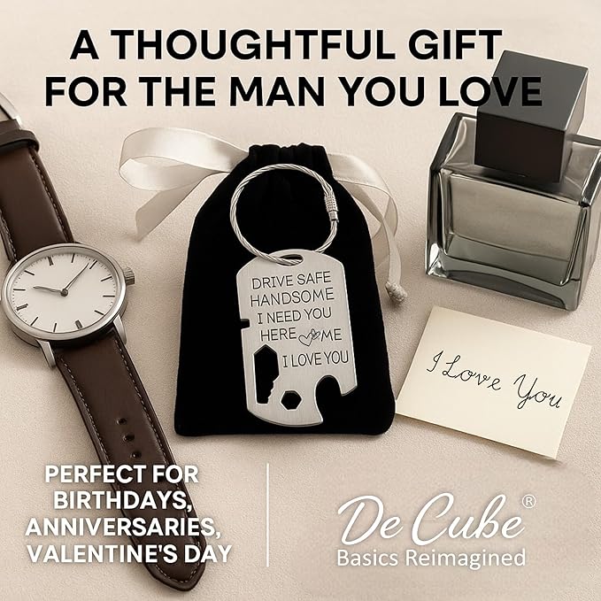 Drive Safe Handsome Keychain Multi Tool | 6-in-1 Stainless Steel EDC Gift for Him | Wrench, Ruler, Bit Driver, Bottle Opener, Wire Stripper & Bender