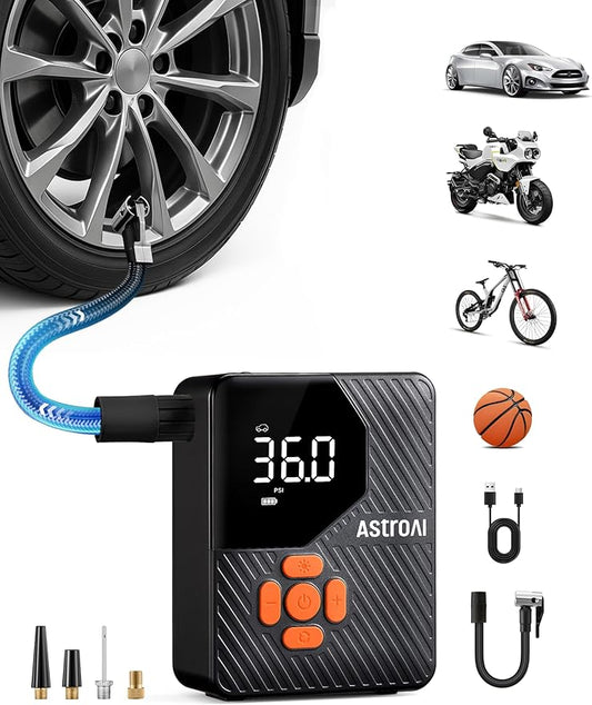 AstroAI L7 Mini Tire Inflator Portable Air Compressor,150 PSI Cordless Car Tires Air Pump with LED Lights&Pressure Gauge,Auto Shut-Off - Tire Pump for Auto,Motorcycle, Bicycle, Ball Orange