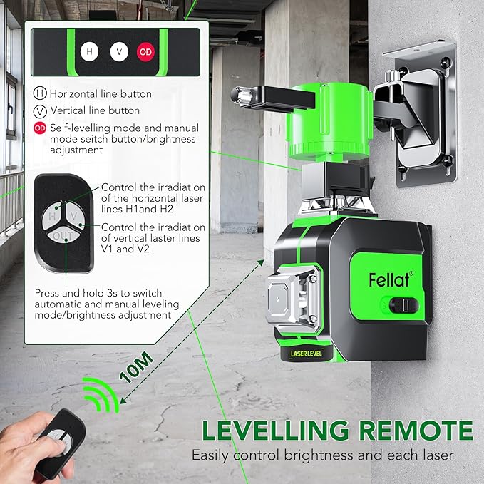 Laser Level, 3x360° Self Leveling Green Cross Line Laser for Construction and Picture Hanging with Rechargeable battery, Remote Controller, Magnetic Rotating Stand