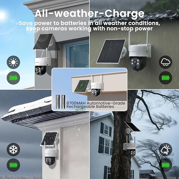 XMARTO 100% Wire-Free Solar PTZ Home Security Camera System Wireless, 4-Set 2K 4MP QHD CCTV Camera Kit with 4K 10CH Expandable WiFi NVR and Past 90-Day Video Storage, All-Weather Solar Charge