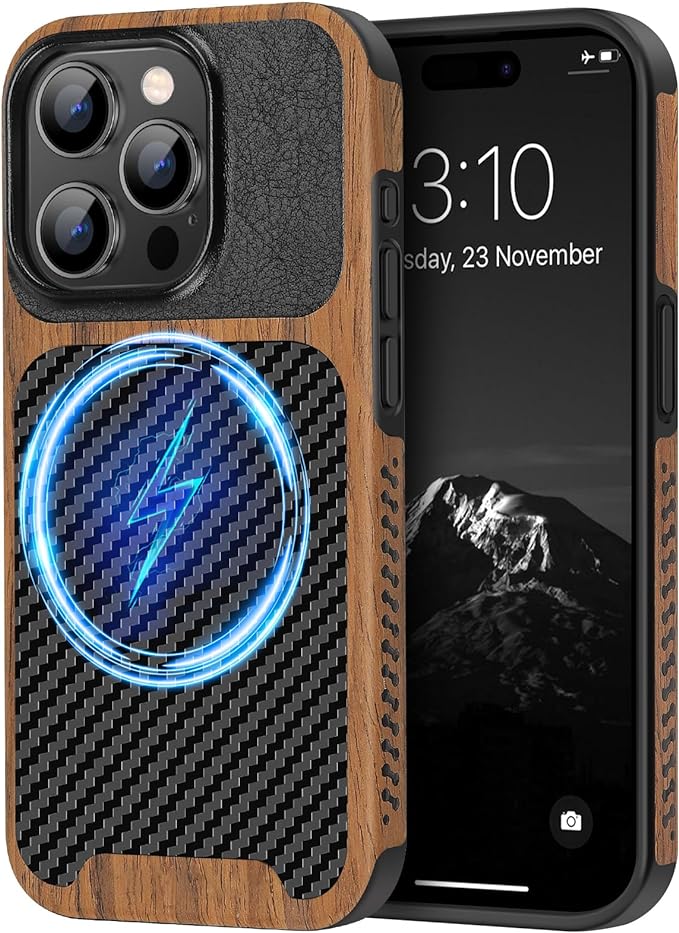 TENDLIN Magnetic Case Compatible with iPhone 15 Pro Case Wood Grain with Carbon Fiber Texture Design Leather Hybrid Slim Case (Compatible with MagSafe) Black