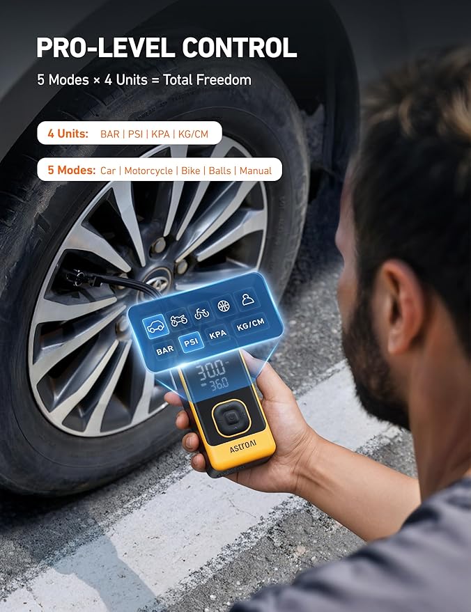 AstroAI L7 Air Tire Inflator Portable Air Compressor, 150PSI Electric Cordless Bike Pump with Fast 1-min Inflation, Auto Shutoff, LED Light – Rechargeable for Car, SUV, Motorcycle, Bike Tires, Yellow