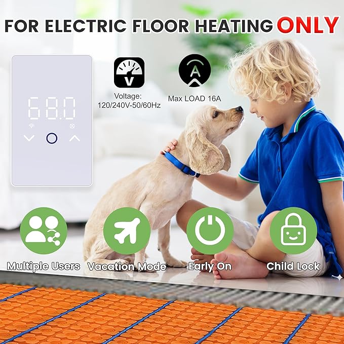 MAXKOSKO WiFi Smart Thermostat for Electric Floor Warming System with Touchscreen LED Display 120V/240V, Easy Connection & Energy Saving Home Programmable Thermostat White