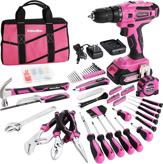 ValueMax Home Tool Kit with Cordless Lithium-ion Drill, 237-Piece Pink Tool Set, Power Tool Set with Wide Mouth Open Storage Bag, Basic Drill Sets Combo Kit for DIY and Daily Repair