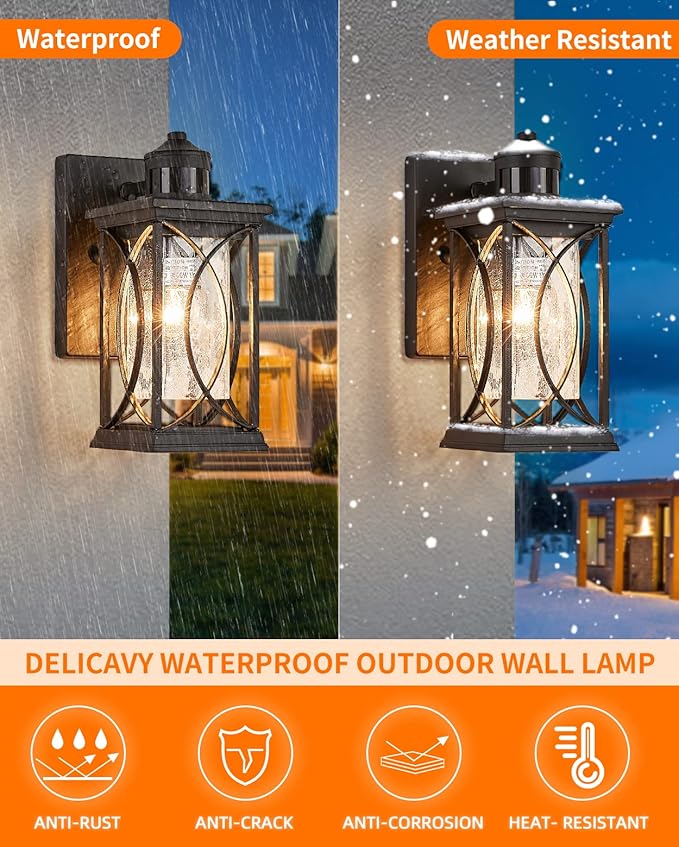 Motion Sensor Outdoor Wall Light with Dimmable Bulb, Modern Dusk to Dawn Exterior Light Fixture Wall Mount Porch Light Black with Crack-Like Glass Coach Lantern for House Garage