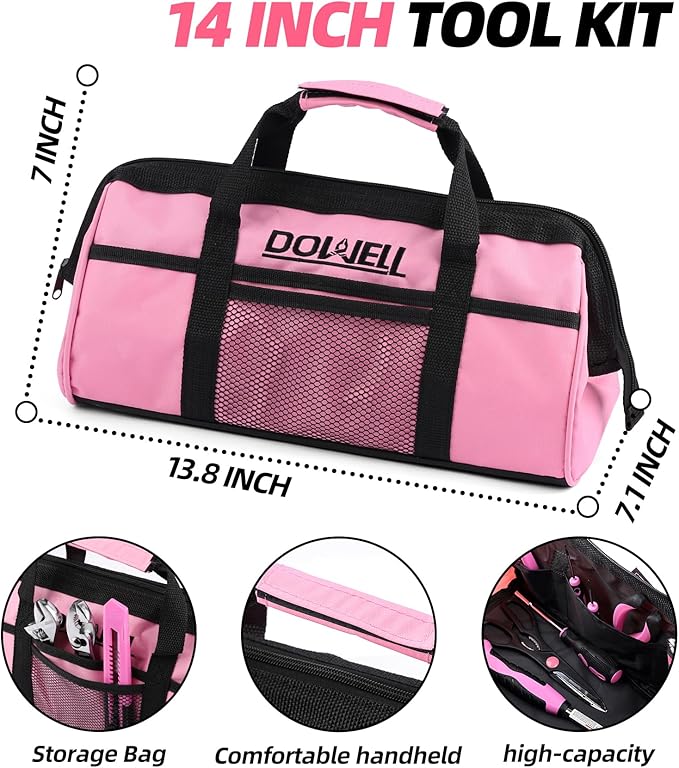 DOWELL Pink Tool Kit 140PCS for Women, Girls, Ladies, Household Tool Set with 14” Tool Bag