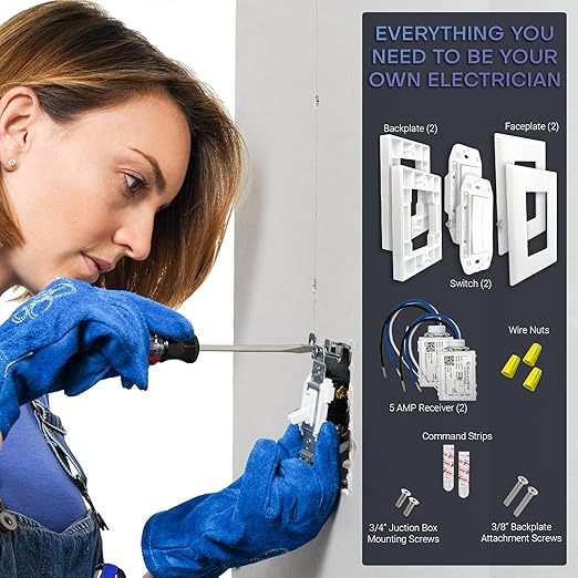 RunLessWire Fan & Light Battery-Free DIY Wireless Light Switch Kit 150ftRF Range Kinetic for Bathrooms & Ceiling Fans: 1 Dual Remote Switch Controls 2 5A On/Off Receivers Separately – White