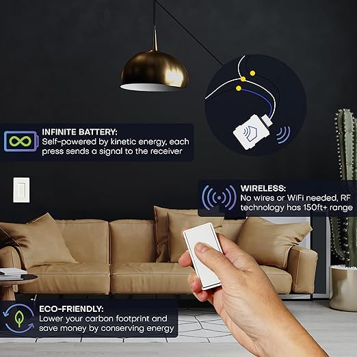 RunLessWire Single Pole Detachable Battery-Free Wireless Light Switch Kit 150ft RF Range for DIY Home Electrical Projects: 1 Removable Magnetic Remote Switch Controls 1 5A On/Off Receiver - White