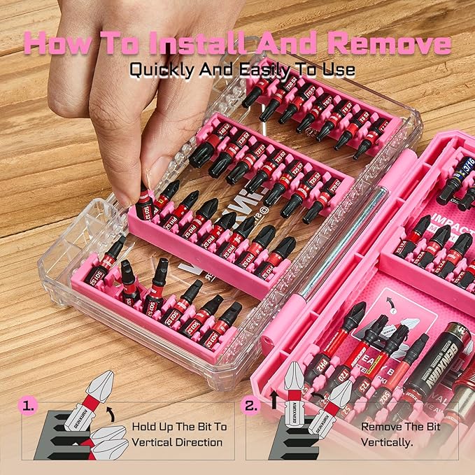48Pieces Impact Screwdriver Bits Set, Magnetic S2 Steel Phillips/Slotted/Square/Torx Insert Power Bits Tips, Impact Bit Holder with Pink Storage Box Case