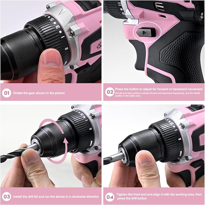 21V Lithium-Ion Cordless Drill Set, Brushless, Compact Type, including Battery, Charger and 3/8-inch Keyless Chuck; Cordless Lithium-Ion Drill Kit (Pink)