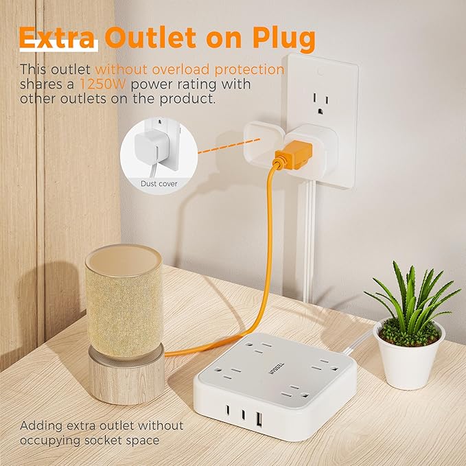 TESSAN Outlet Cover with Extra Outlet on Plug, Surge Protector Power Strip with 3 USB (2 USB C), 5 Ft Flat Extension Cord, 900 Joules Protection, Flat Plug Power Strip for Home Office Essentials
