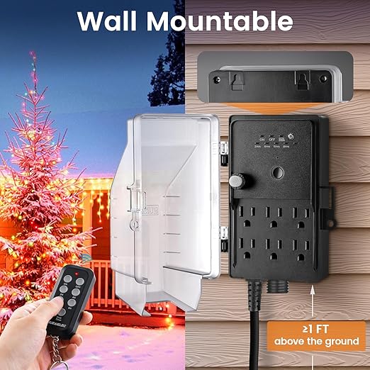 SURAIELEC Outdoor Power Stake Timer Waterproof, 100FT Wireless Remote Control, Photocell Dusk to Dawn Timer, 6 Grounded Plug Outlets, 6FT Extension Cord, for Halloween Decoration, Lights, Garden