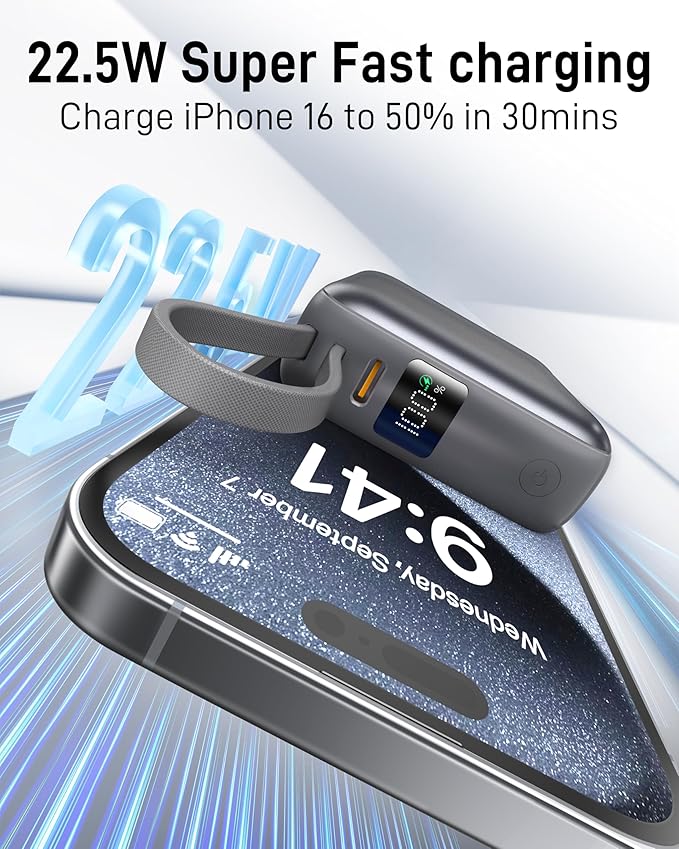 VINKO Small Portable Charger, 22.5W Fast Charging Mini Power Bank 10000mAh with Built-in Cables LED Display, Travel Essential USB-C Battery Pack Compatible with iPhone,Samsung,Android (Gray)