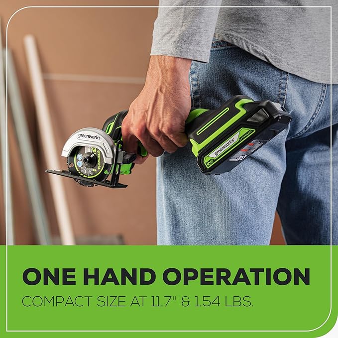 Greenworks 24V Mini Circular Cut-Off Saw Kit – Cordless Brushless 3'' Cutting Tool with 2.0Ah Battery & Charger, Compact for Metal, Tile, Plastic, Grinder-Style Design