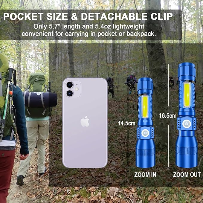 UV Flashlight Black Light, 2-Pack USB Rechargeable Blacklight Flashlight with Magnetic - Side Work Light, 7 Modes, Zoomable, Waterproof – LED Torch for Mechanics Pet Urine Stains Detector,Blue