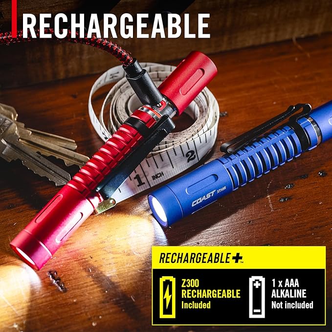 COAST XT10R 280 Lumen USB-C Rechargeable Pocket Flashlight/Penlight with TWIST FOCUS and Two-Way Clip, 3 Bite Caps included, Pocket Size for EDC, Work and Emergencies, BLUE