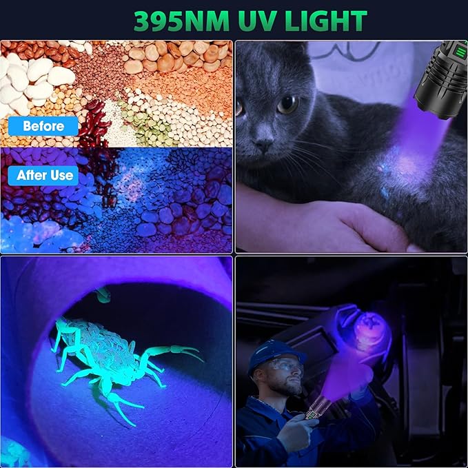AdamStar UV&High Lumens Flashlight Rechargeable, 2-in-1 Powerful Blacklight LED Flashlight Tactical 6 Modes Super Bright Waterproof Zoomable Detector for Pet Urine Curing Resin Camping Emergencies