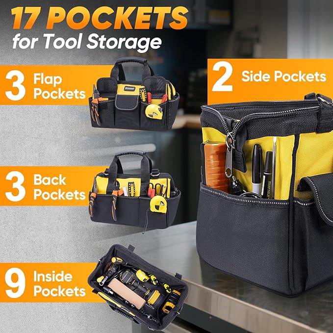 TICONN Heavy Duty Tool Bag with Multi-Pockets, Portable Tool Box Organizer Storage Bag, with Adjustable Shoulder Strap and Ergonomic Handle (Yellow, 14" Standard Base)