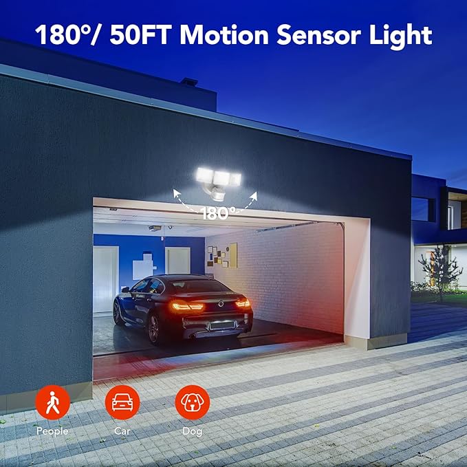 OREiN 4500LM/30W Flood Lights Outdoor, 180°/40FT Motion Sensor Outdoor Lights 3 Modes Dusk to Dawn IP65 Waterproof LED Security Light for 4500SQ.FT Area for Yard Garden, White (Hardwired)