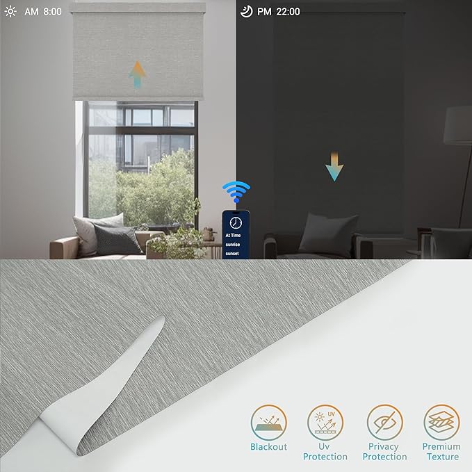 Motorized Blinds with Remote, Blackout Smart Roller Blinds Compatible with Apple Homekit Google Home and Alexa, Automatic Window Blinds Customize, Grey