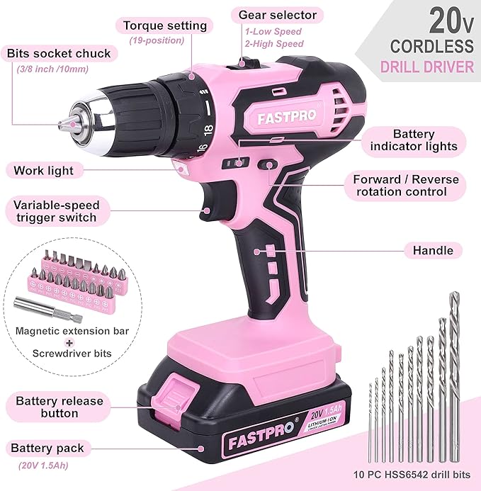 FASTPRO 232-Piece 20V Pink Cordless Lithium-ion Drill Driver and Home Tool Set, Lady's Repairing Kit with 12-Inch Wide Mouth Open Storage Bag