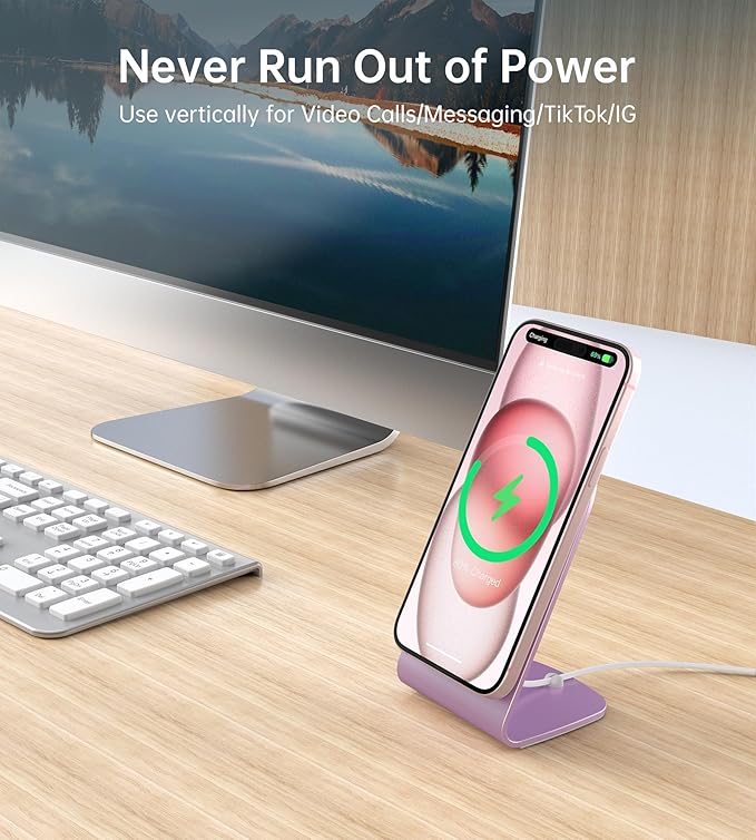 Magnetic Wireless Charger with Aluminum Charging Pad Stand Compatible with iPhone 16/15/14/13/12 Series，20W PD Charger&5ft Cable Included, Pink