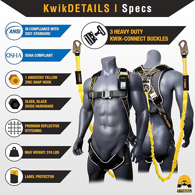 KwikSafety - SCORPION Safety Harness [w/Attached 6ft Lanyard] Safety Harness Fall Protection Kit ANSI OSHA