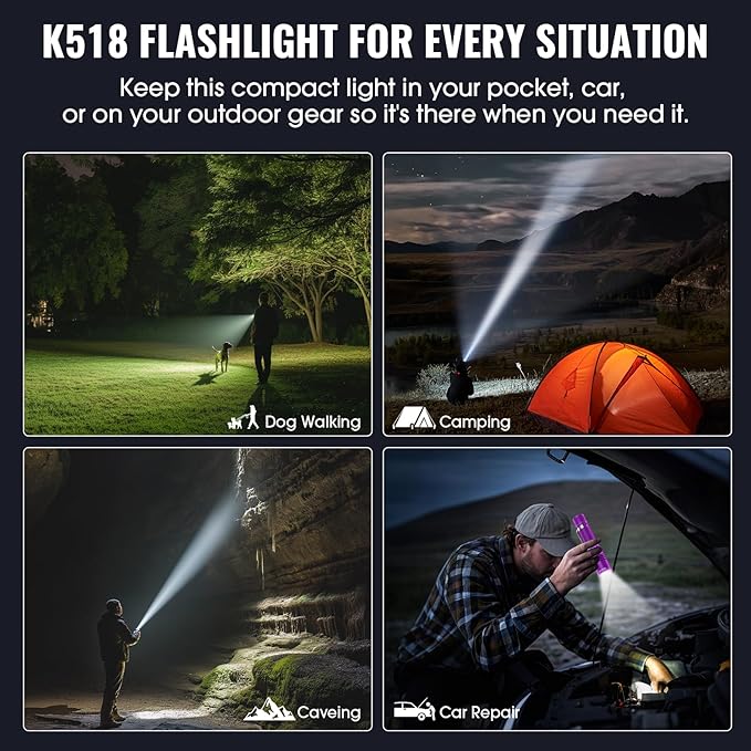 Rechargeable Tactical Flashlights, High Lumens Small Mini USB-C LED Flashlight, Compact EDC Flash Light, 4 Modes&Memory Function, Waterproof Pocket Lights for Home,Camping,Emergency (1, Purple)