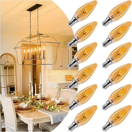 Amber Candelabra Bulb 25W Equivalent, 2W Ultra-Fine Filament E12 Base Candelabra LED Light Bulb, Dimmable Amber LED Bulbs 2000k Soft Warm 200 Lumen, Candle Chandelier Bulbs,12Pack