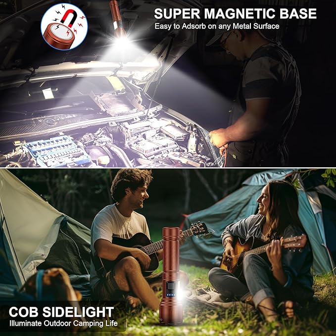 Rechargeable Magnetic Flashlights High Lumens, Super Bright LED Powerful Flashlight 8 Modes with COB Work Light, Waterproof Handheld Flash Light for Camping (2 Pack with Leather Box, Brown)