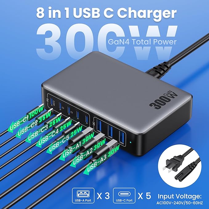 USB C Charger 300W USB C Charger Block 8-Ports GaN IV Fast Charging Station,PD 100W Laptop Hub Wall Charging Adapter Compatible with MacBook/Air,DELL,Steam Desk,iPhone 16/15/14,Samsung Galaxy S24 etc