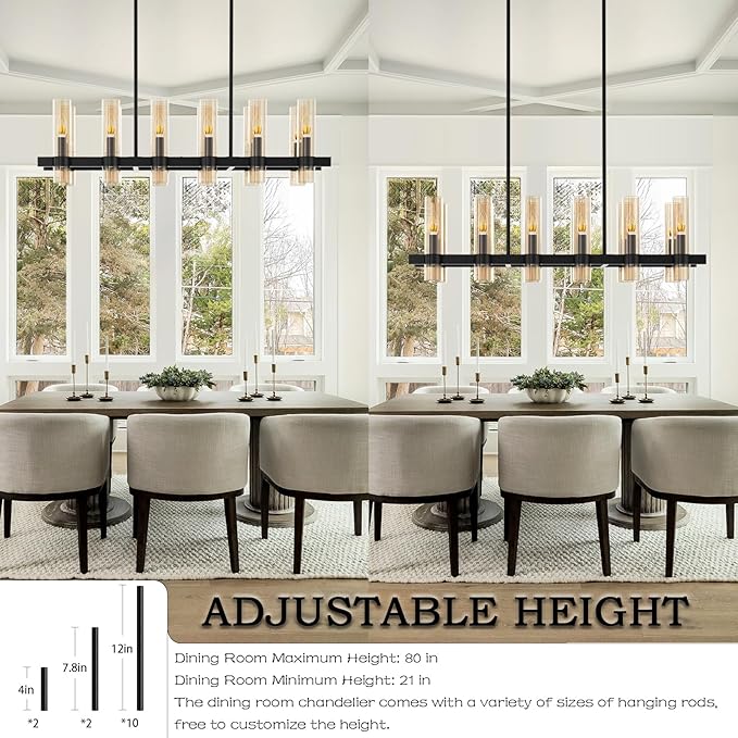Modern Black Island Rectangle Chandelier with Amber Glass,48” Adjustable Height Modern Linear Light Fixture 12 Light Dining Room Chandelier Over Table for Dining Room Kithen Island