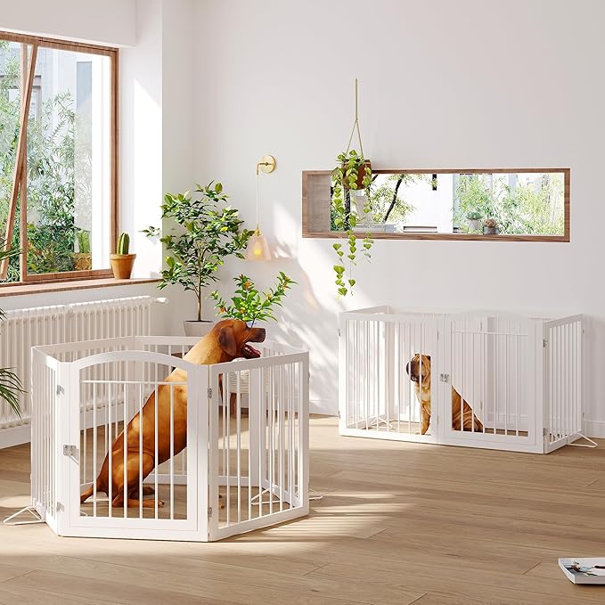 JSB 144-inch Extra Wide 30-inch Tall Dog gate with Door Walk Through, Freestanding Round Tube Pet Gate for Halls Stairs, Puppy Safety Dog Fence with 2PCS Support Feet (White)