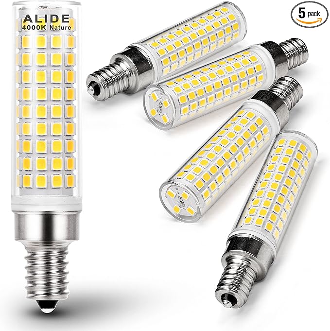 ALIDE E12 100w LED Candelabra Bulbs Replacement C7,4000K Natural White,1200lm T6 10W LED E12 Candle Light Bulbs for Ceiling Fan Pendant Lighting Salt Lamp,Non-dimmable,5 Pack