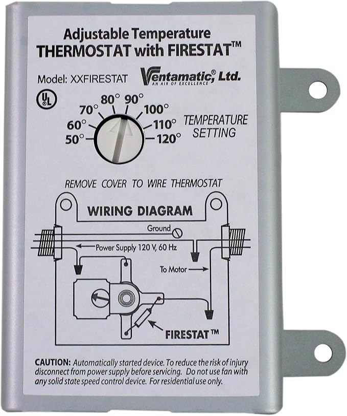 Ventamatic XXFIRESTAT 10-Amp Adjustable Programmable Thermostat with Firestat for Power Attic Ventilators, Replacement Thermostat , White