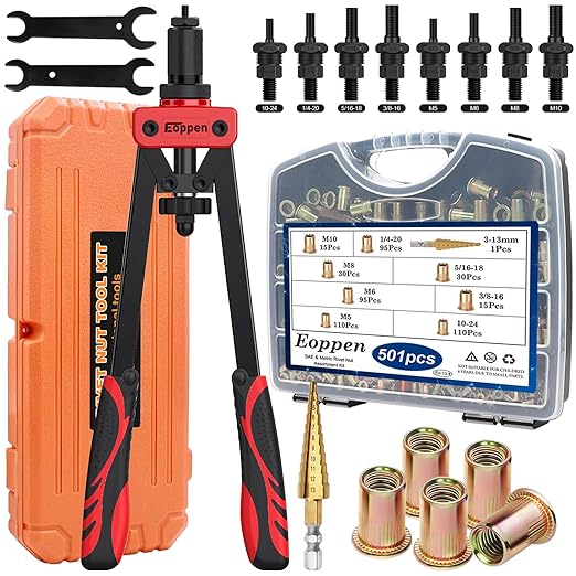 Rivet Nut Tool Kit, Rivnut Tool Kit with 500Pcs Rivet Nuts (M5, M6, M8, M10, 1/4-20, 5/16-18, 3/8-16) and 8 Metric and SAE Mandrels with a Step Drill Bit and Rugged Carrying Case