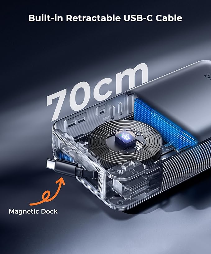 Portable Charger Power Bank - Travel Essentials Laptop Battery Pack 65W AC Plug GaN 25000mAh Built in Cable USB C Phone Fast Charging Compatible with iPhone 16 15 14 13 12 iPad MacBook Samsung