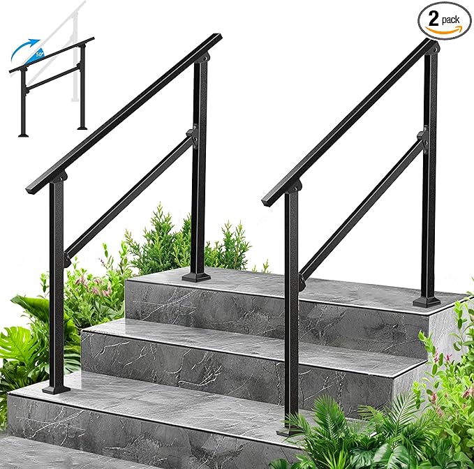 2-Pack Outdoor Handrails for 3 Steps – Black Stair Handrail & Indoor Stair Railing Kit, Exterior Stair Railing for Porch, Deck, and Garden, Complete Installation Kit