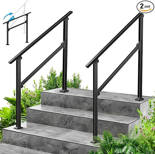 2-Pack Outdoor Handrails for 3 Steps – Black Stair Handrail & Indoor Stair Railing Kit, Exterior Stair Railing for Porch, Deck, and Garden, Complete Installation Kit