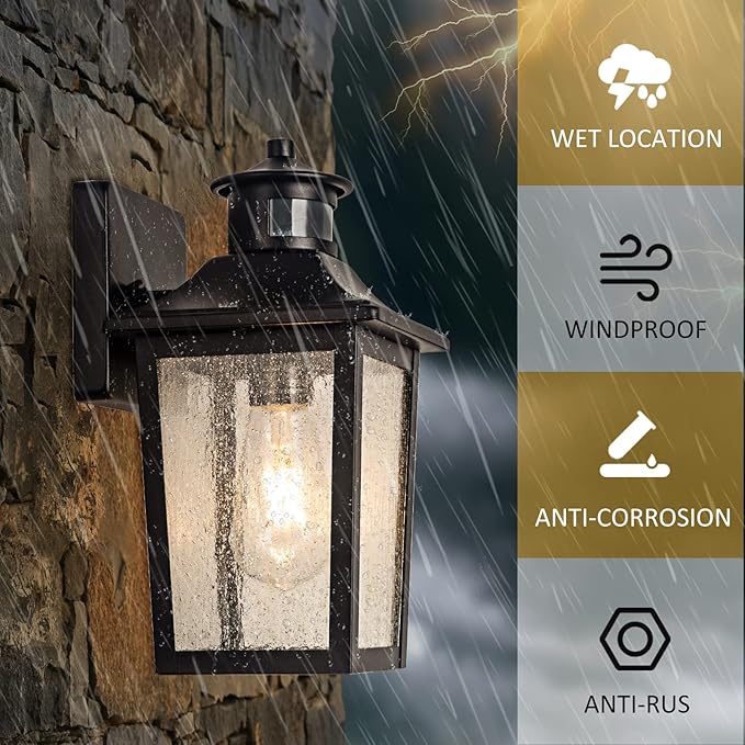 Motion Sensor Outdoor Wall Light - Black Dusk to Dawn Outdoor Lighting, LED Waterproof Exterior Light Fixture, Modern Porch Light Outside Wall Mount for House Patio Garage Garage, Anti-Rust