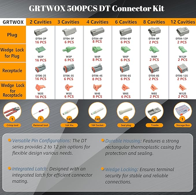 502 PCS DT Deutsch Connector Kit - 2/3/4/6/8/12 Pin Waterproof Connectors with 145 Pairs 16# Solid Terminal Contacts, Crimping Tool (14-20AWG)& Removal Tool for Cars Motorcycle Boat
