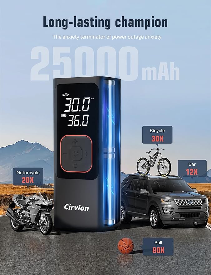 Tire Inflator Portable Air Compressor, 3X Faster 25000mAh 160 PSI Air Pump for Car Tires- Cordless, with Pressure Gauge, LED Light & Digital Display, for Car, Pickup, Truck, Motor, E-Bike and Bicycle