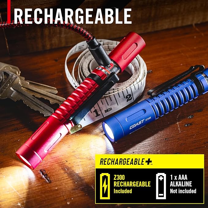 COAST XT10R 280 Lumen USB-C Rechargeable Pocket Flashlight/Penlight with TWIST FOCUS and Two-Way Clip, 3 Bite Caps included, Pocket Size for EDC, Work and Emergencies, RED