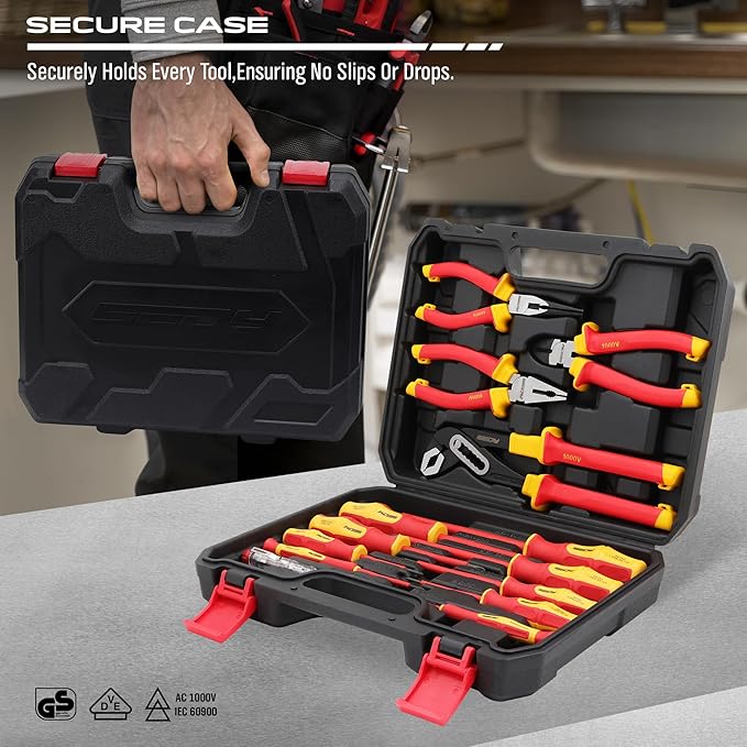 Insulated Screwdriver & Pliers Set: 14-Piece VDE Insulated Set 1000V Insulated Electrician Tool Set with Magnetic Phillips, Slotted Screwdrivers and Insulated Pliers