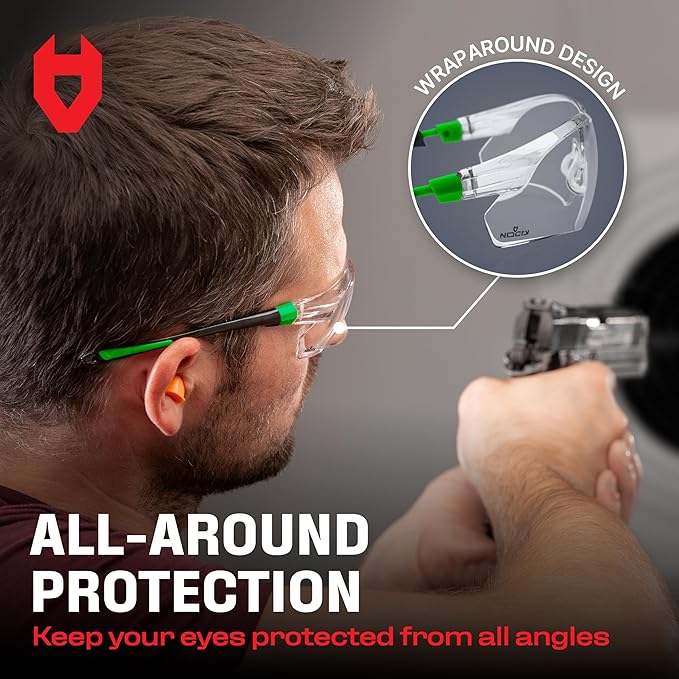 NoCry Safety Glasses with Clear Anti Fog Scratch Resistant Wrap-Around Lenses and No-Slip Grips, UV Protection. Adjustable, Black & Green Frames (10 pack)