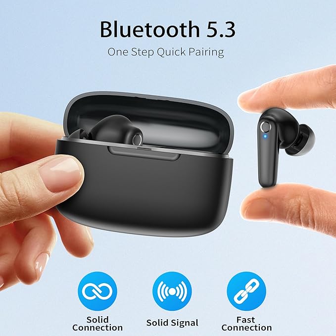 Wireless Ear Buds Bluetooth 5.3 60H Using Time Headphones Deep Bass Clear Call Earbuds with Built-in Mic Touch Control Lightweight Headsets for Studying Working Gaming Black