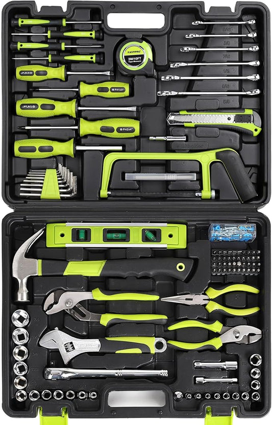 FASTPRO 198-Piece Household Tool Set, Home Repairing Tool Set with Toolbox, SAE Mechanics Hand Tool Kit for DIY, Home Maintenance, Green