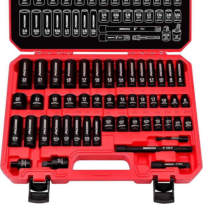 3/8" Drive Impact Socket Set - 49-Piece SAE (5/16 to 3/4 inch) and Metric (8-22mm) Sizes with Extension Bars and Universal Joint Standard & Deep CR-V Material for High Durability Impact Wrench