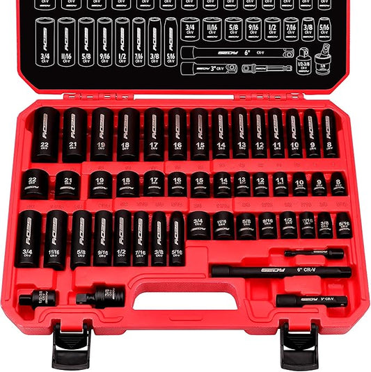 3/8" Drive Impact Socket Set - 49-Piece SAE (5/16 to 3/4 inch) and Metric (8-22mm) Sizes with Extension Bars and Universal Joint Standard & Deep CR-V Material for High Durability Impact Wrench