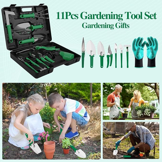Gardening Tool Set, 11 Pieces Gardening Tools with Carrying Case, Garden Tool Kit for Digging Planting Pruning, Unique Gardening Set with Gloves for Women and Men (Green)